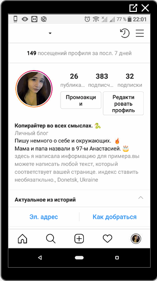 Primer osebne strani iz Instagram mobilnega telefona