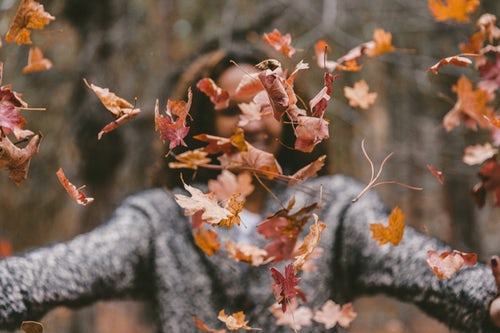 jesenske foto ideje za instagram - deklica vrže liste v gozd
