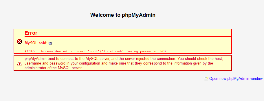 phpMyAdmin uporablja samodejni vnos gesla, zato napako spremlja (Uporaba gesla: NE)